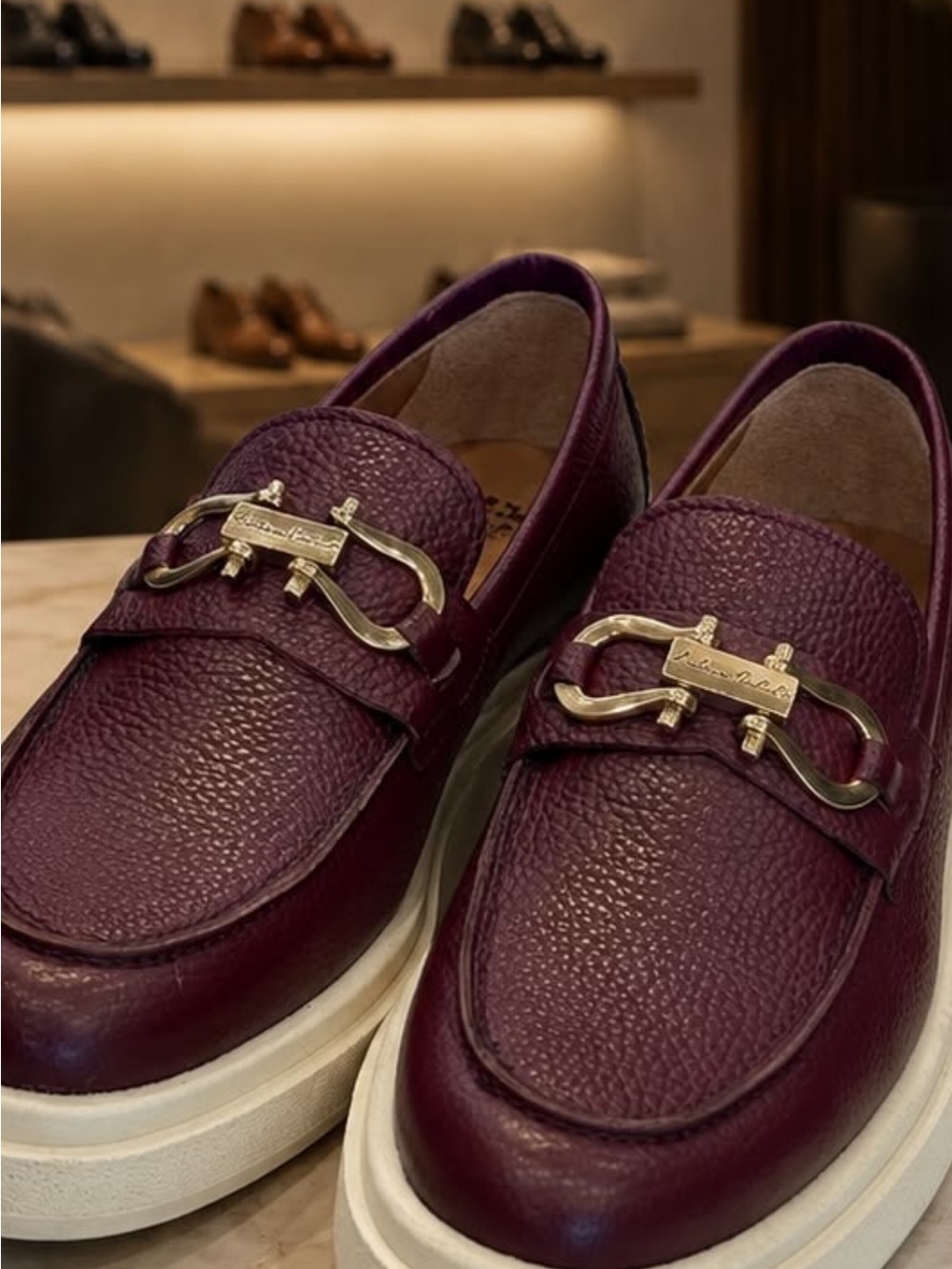 Burgundy Leather Loafers slip on with white Contrast rubber Sole
Made in Italy